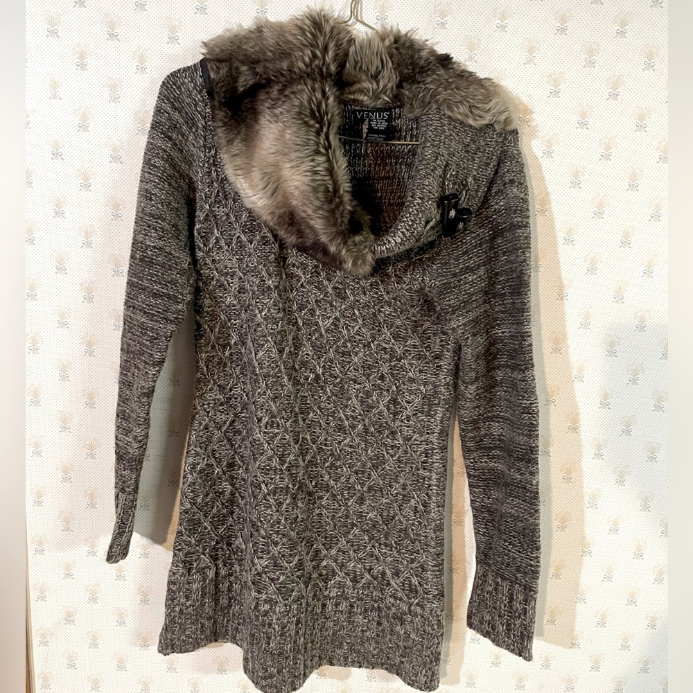 Venus‎ Brown Faux Fur Knit Tunic Sweater
